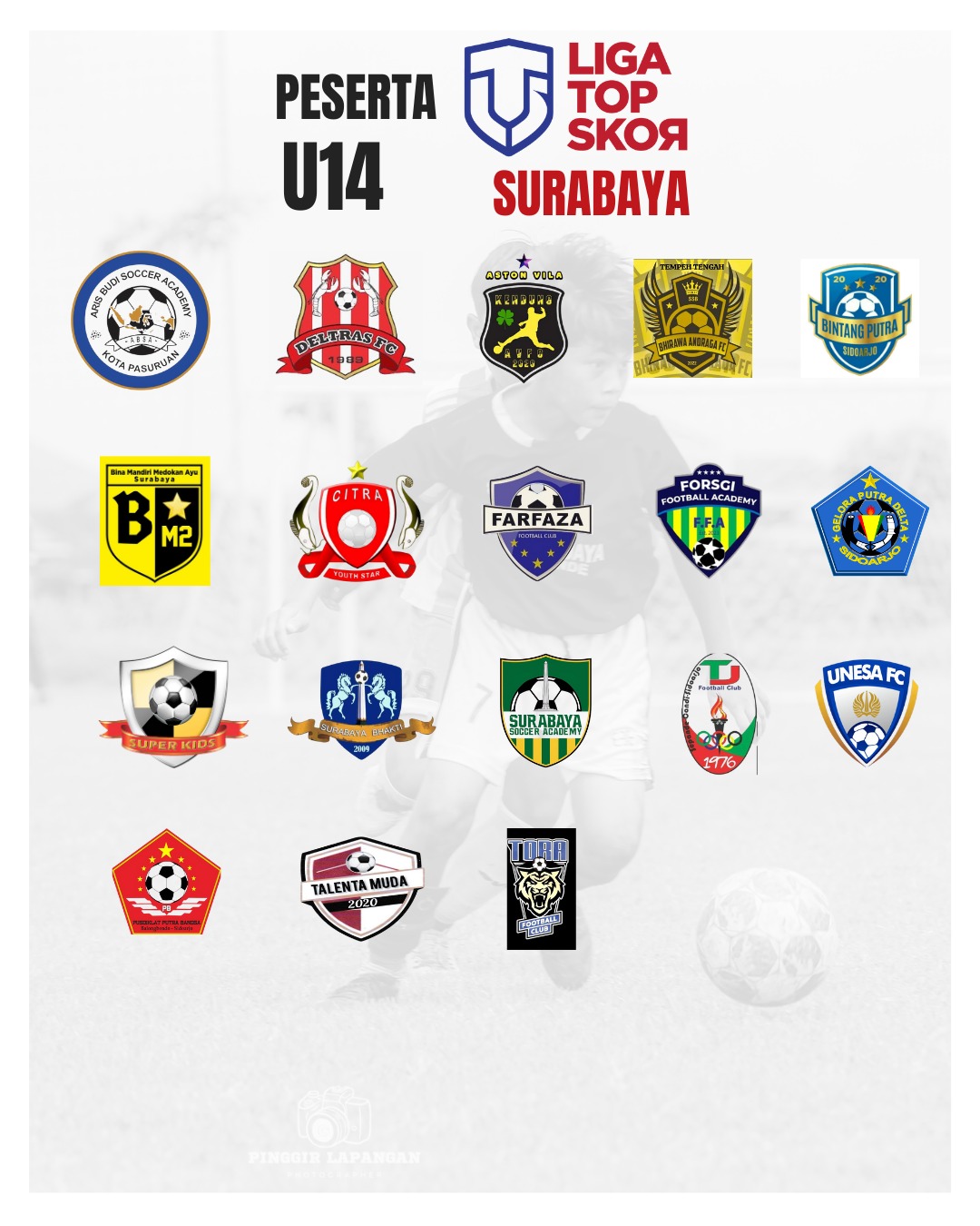 Logo sekolah sepak bola dan akademi yang mengikuti Liga Top Skor 2026 U-14 Zona Surabaya