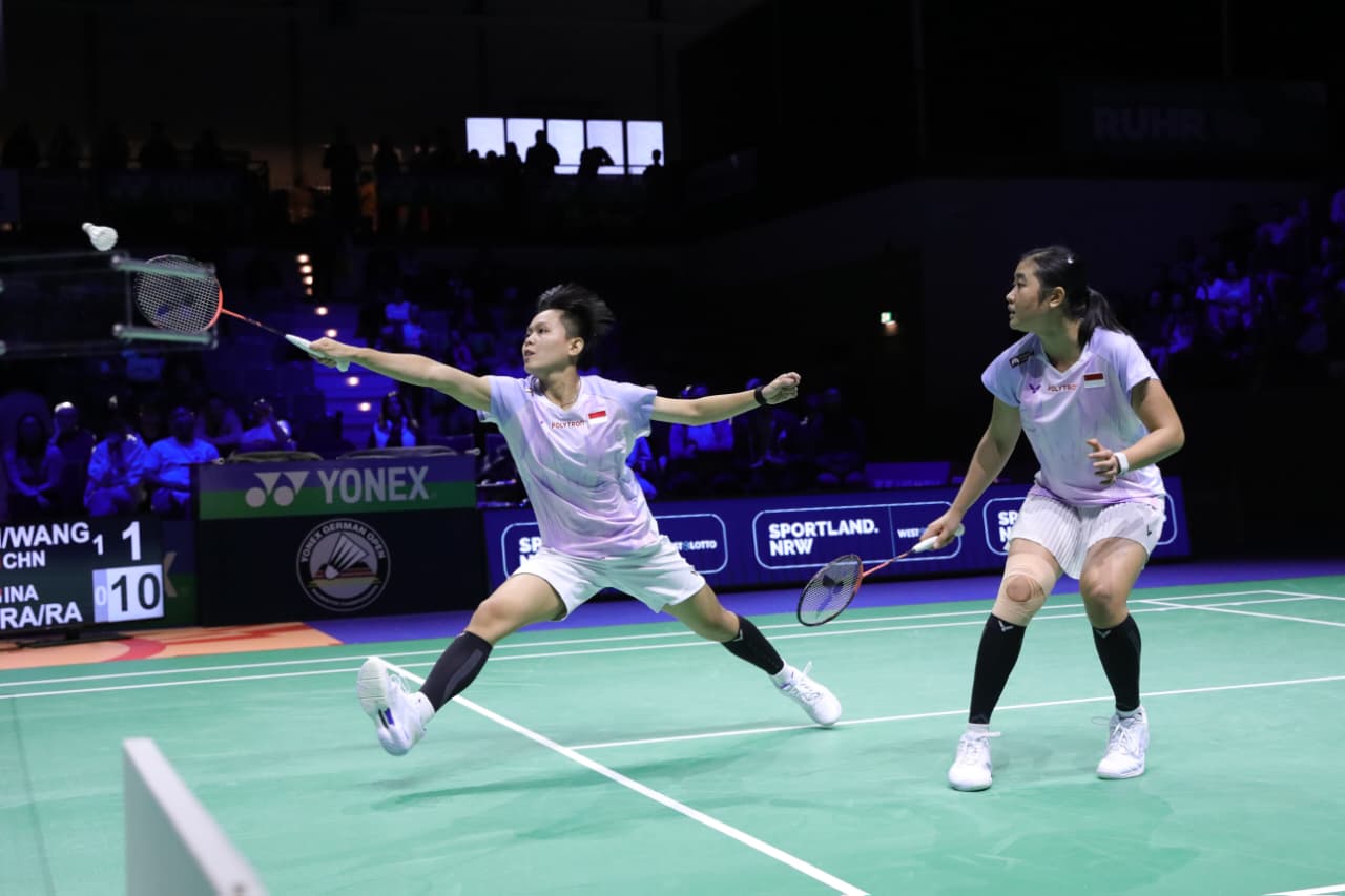 Amallia Cahaya Pratiwi/Siti Fadia Silva Ramadhanti saat tampil di semifinal nomor ganda putri German Open 2026 Minggu dini hari WIB (1/3/2026).