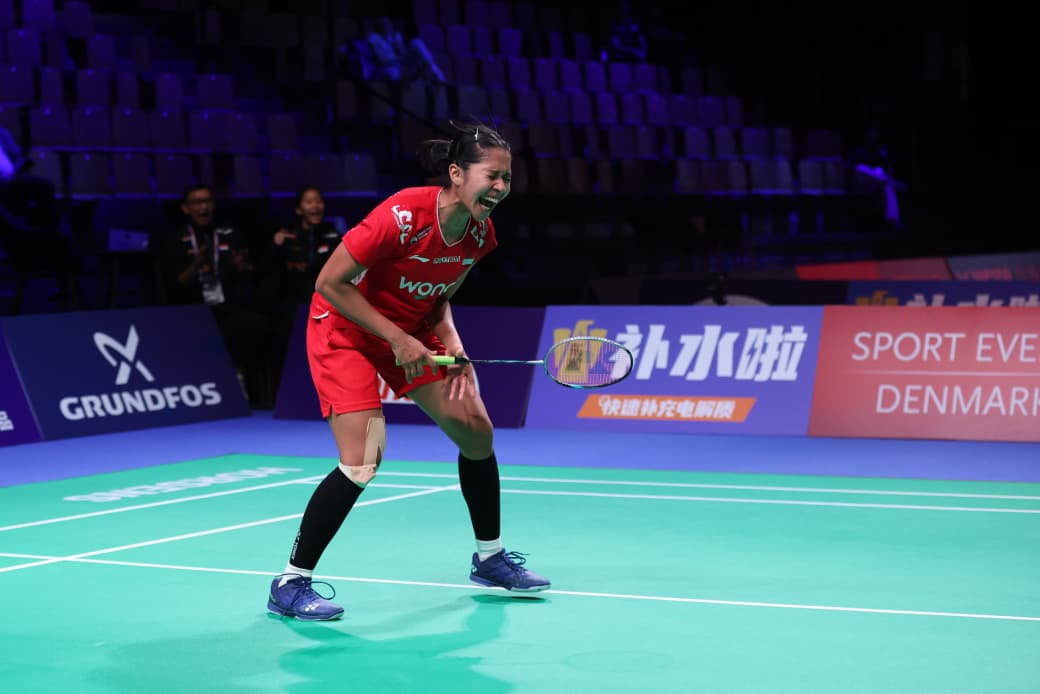 Kegembiraan Ester Nurumi Tri Wardoyo usai mengalahkan Huang Yu-Hsun dari Taiwan yang membawa Indonesia menempati juara grup.